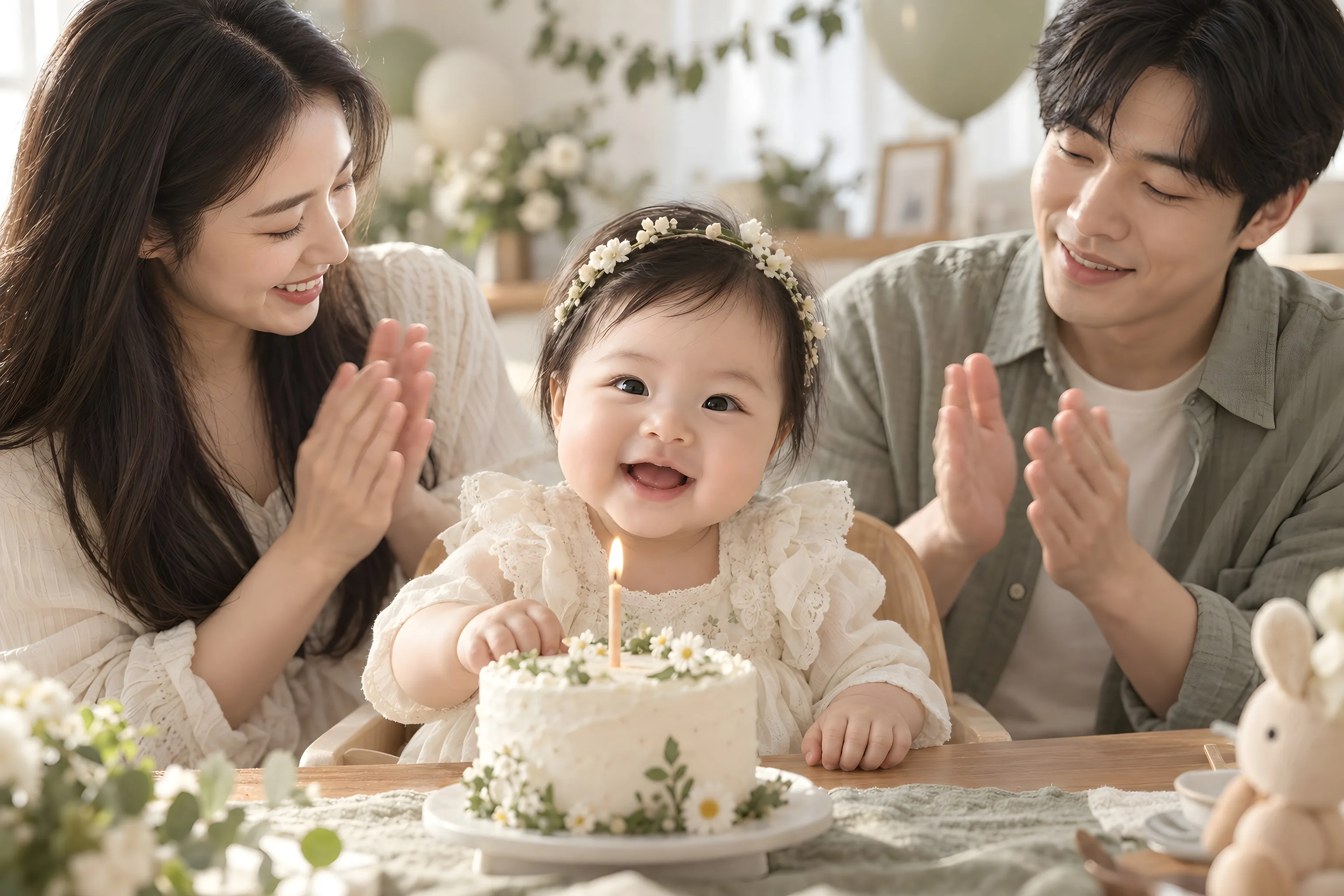첫 생일 케이크 앞에서 웃는 아기와 손뼉 치는 엄마·아빠 — 가상 가족, AI 예시 사진